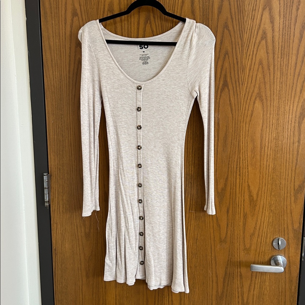 SO Beige Long Sleeve Button-Down Dress